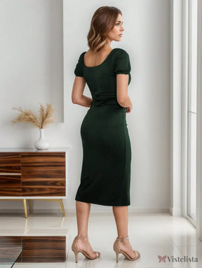 Vestido Midi Justo Com Fenda Decote Franzido Elegante Vestido Midi Justo Com Fenda Decote Franzido Elegante