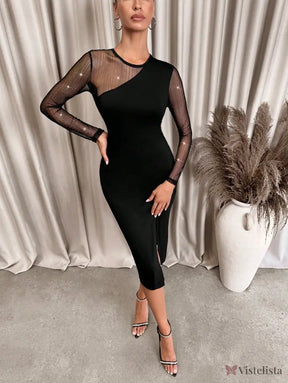 Vestido Midi Justo Com Manga Longa Transparente E Fenda Vestido Midi Justo Com Manga Longa Transparente E Fenda