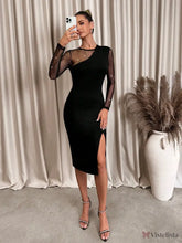 Vestido Midi Justo Com Manga Longa Transparente E Fenda Preto / PP Vestido Midi Justo Com Manga Longa Transparente E