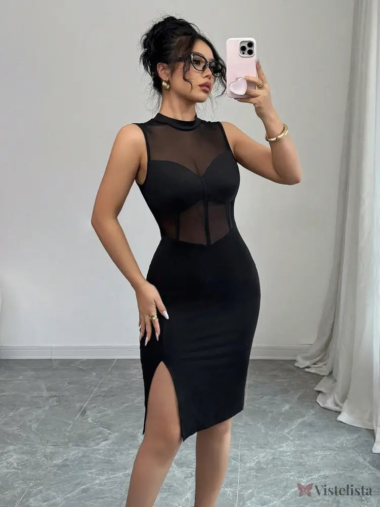 Vestido Midi Justo Com Tule Transparente E Fenda Lateral Vestido Midi Justo Com Tule Transparente E Fenda Lateral