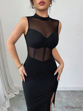 Vestido Midi Justo Com Tule Transparente E Fenda Lateral Preto / PP Vestido Midi Justo Com Tule Transparente E Fenda