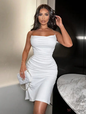 Vestido Midi Justo Elegante Alças Corrente Com Drapeado Vestido Midi Justo Elegante Alças Corrente Com Drapeado