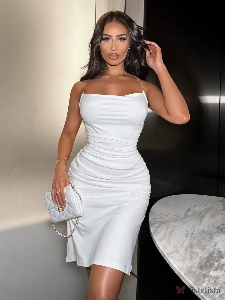 Vestido Midi Justo Elegante Alças Corrente Com Drapeado Vestido Midi Justo Elegante Alças Corrente Com Drapeado