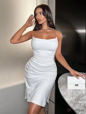 Vestido Midi Justo Elegante Alças Corrente Com Drapeado Branco / PP Vestido Midi Justo Elegante Alças Corrente Com