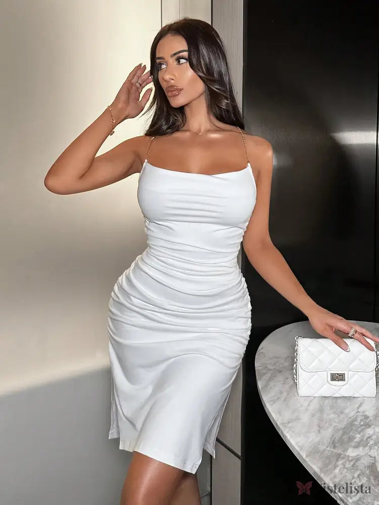 Vestido Midi Justo Elegante Alças Corrente Com Drapeado Branco / PP Vestido Midi Justo Elegante Alças Corrente Com