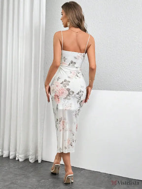 Vestido Midi Justo Floral Com Alças Finas Elegante Vestido Longo Ombro A Ombro Com Estampa Floral Romântica