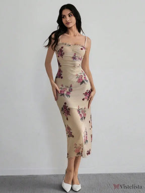 Vestido Midi Justo Floral Com Alças Finas Elegante Vestido Longo Ombro A Ombro Com Estampa Floral Romântica