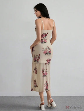 Vestido Midi Justo Floral Com Alças Finas Elegante Vestido Longo Ombro A Ombro Com Estampa Floral Romântica