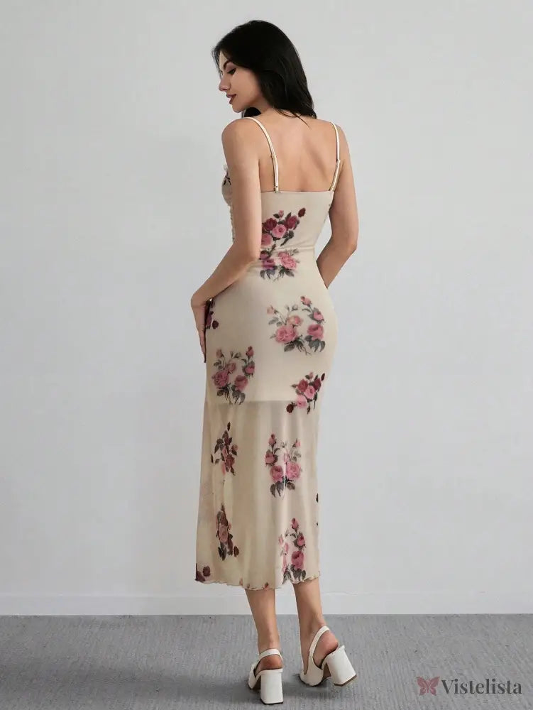 Vestido Midi Justo Floral Com Alças Finas Elegante Vestido Longo Ombro A Ombro Com Estampa Floral Romântica