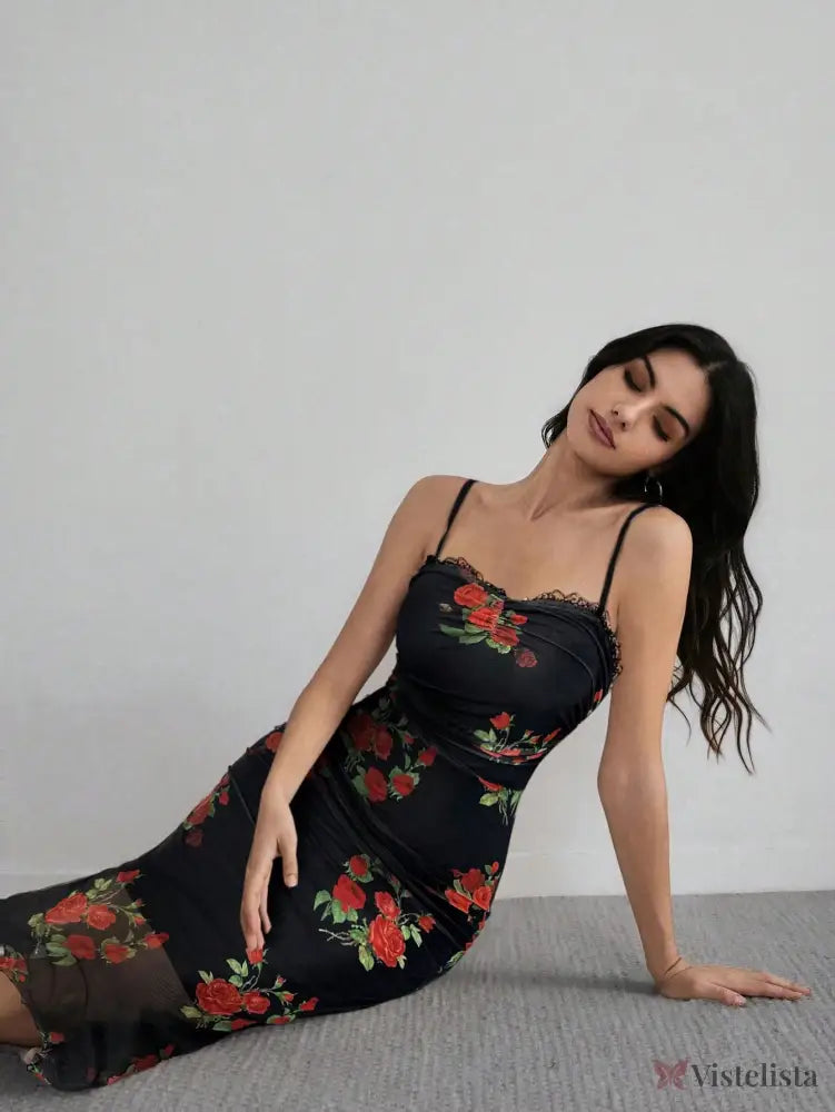 Vestido Midi Justo Floral Com Alças Finas Elegante Preto / PP Vestido Longo Ombro A Ombro Com Estampa Floral Romântica