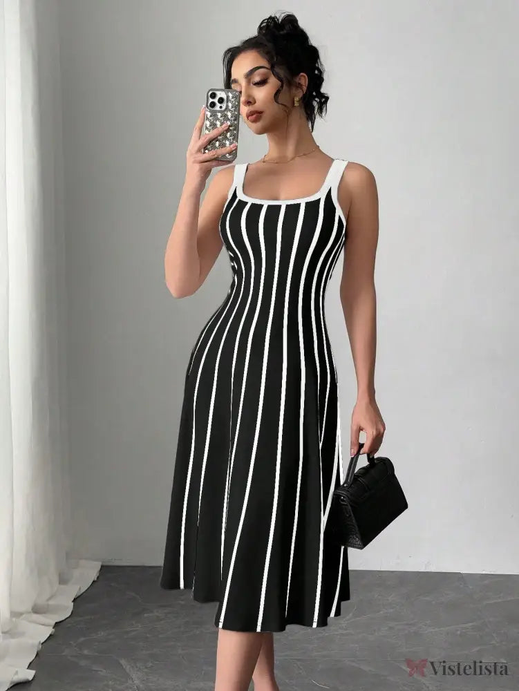 Vestido Midi Justo Listrado Com Decote Quadrado Preto / PP Vestido Midi Justo Listrado Com Decote Quadrado