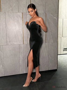 Vestido Midi Justo Veludo Tomara Que Caia Com Fenda Vestido Midi Justo Veludo Tomara Que Caia Com Fenda