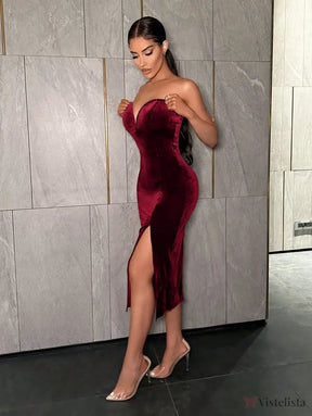 Vestido Midi Justo Veludo Tomara Que Caia Com Fenda Vestido Midi Justo Veludo Tomara Que Caia Com Fenda