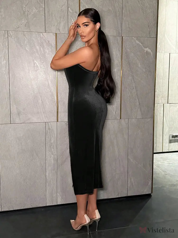 Vestido Midi Justo Veludo Tomara Que Caia Com Fenda Vestido Midi Justo Veludo Tomara Que Caia Com Fenda