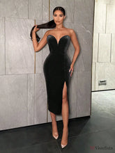 Vestido Midi Justo Veludo Tomara Que Caia Com Fenda Preto / PP Vestido Midi Justo Veludo Tomara Que Caia Com Fenda