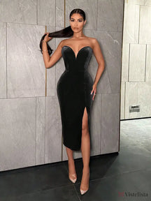 Vestido Midi Justo Veludo Tomara Que Caia Com Fenda Preto / PP Vestido Midi Justo Veludo Tomara Que Caia Com Fenda
