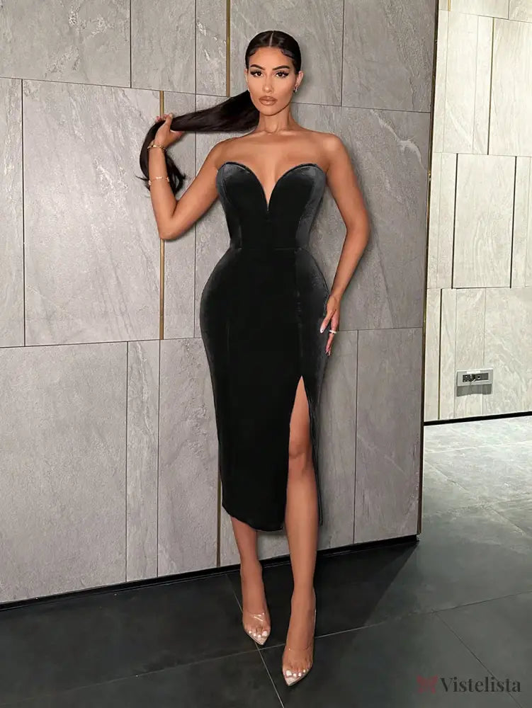 Vestido Midi Justo Veludo Tomara Que Caia Com Fenda Preto / PP Vestido Midi Justo Veludo Tomara Que Caia Com Fenda