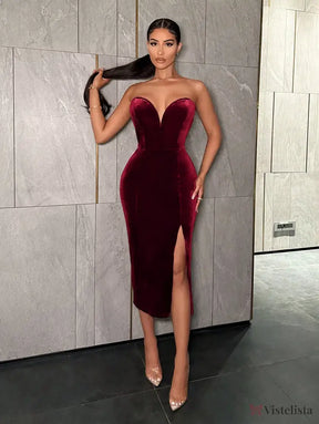 Vestido Midi Justo Veludo Tomara Que Caia Com Fenda Vinho / PP Vestido Midi Justo Veludo Tomara Que Caia Com Fenda