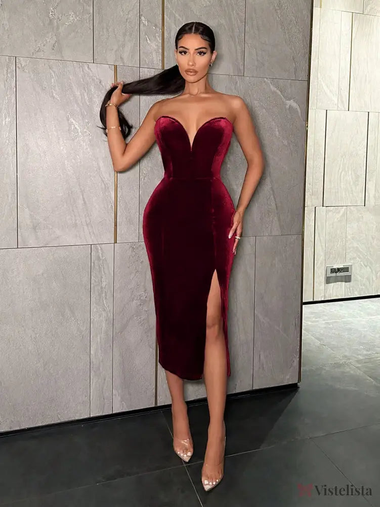 Vestido Midi Justo Veludo Tomara Que Caia Com Fenda Vinho / PP Vestido Midi Justo Veludo Tomara Que Caia Com Fenda