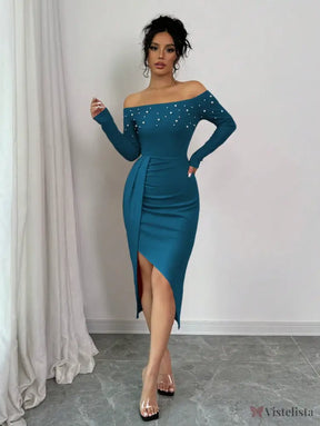 Vestido Midi Ombro A Ombro Com Pérolas E Fenda Elegante Vestido Midi Ombro A Ombro Com Pérolas E Fenda Elegante