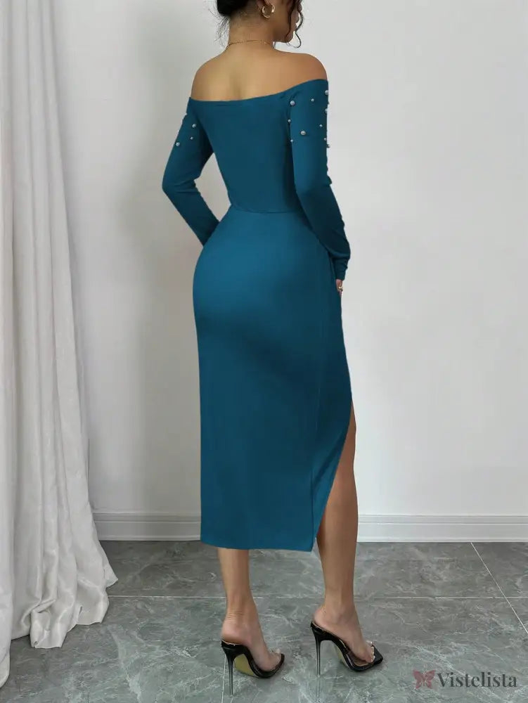 Vestido Midi Ombro A Ombro Com Pérolas E Fenda Elegante Vestido Midi Ombro A Ombro Com Pérolas E Fenda Elegante