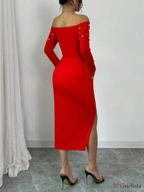 Vestido Midi Ombro A Ombro Com Pérolas E Fenda Elegante Vestido Midi Ombro A Ombro Com Pérolas E Fenda Elegante