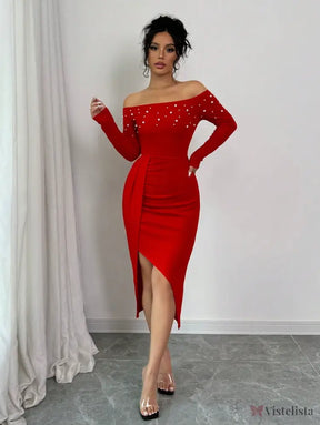 Vestido Midi Ombro A Ombro Com Pérolas E Fenda Elegante Vestido Midi Ombro A Ombro Com Pérolas E Fenda Elegante