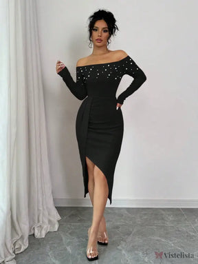 Vestido Midi Ombro A Ombro Com Pérolas E Fenda Elegante Vestido Midi Ombro A Ombro Com Pérolas E Fenda Elegante