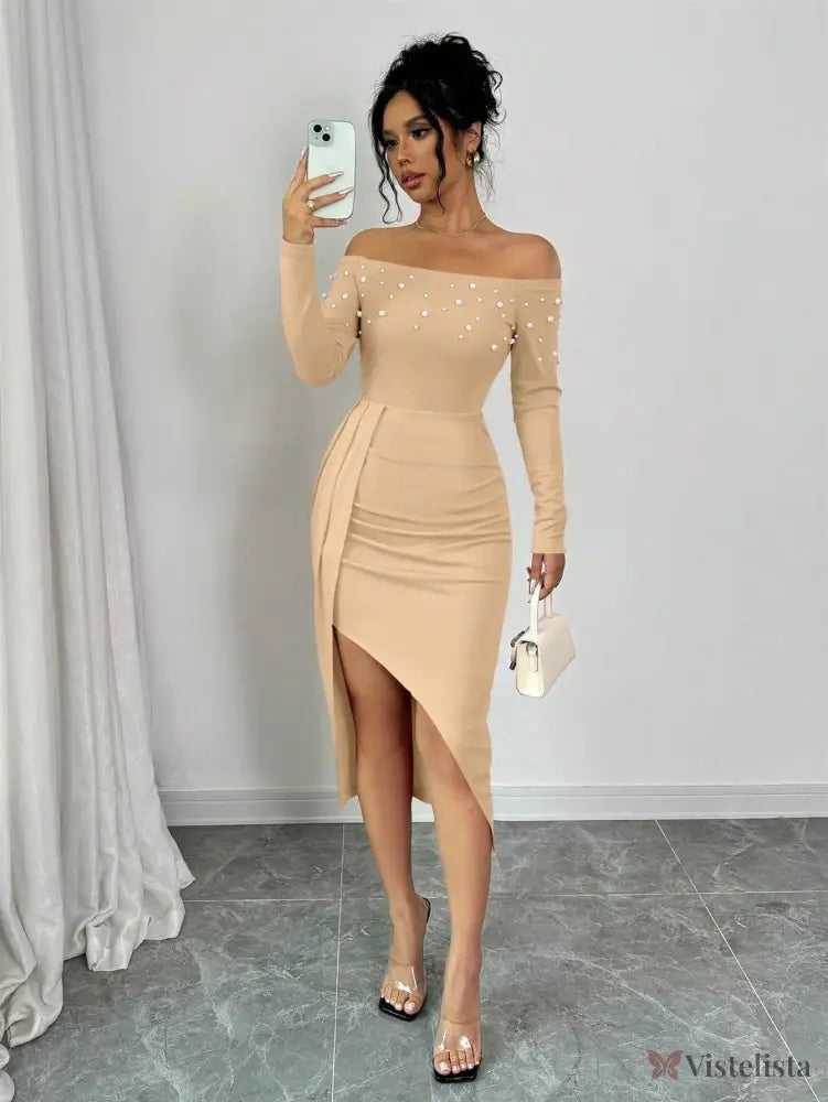 Vestido Midi Ombro A Ombro Com Pérolas E Fenda Elegante Bege / PP Vestido Midi Ombro A Ombro Com Pérolas E Fenda
