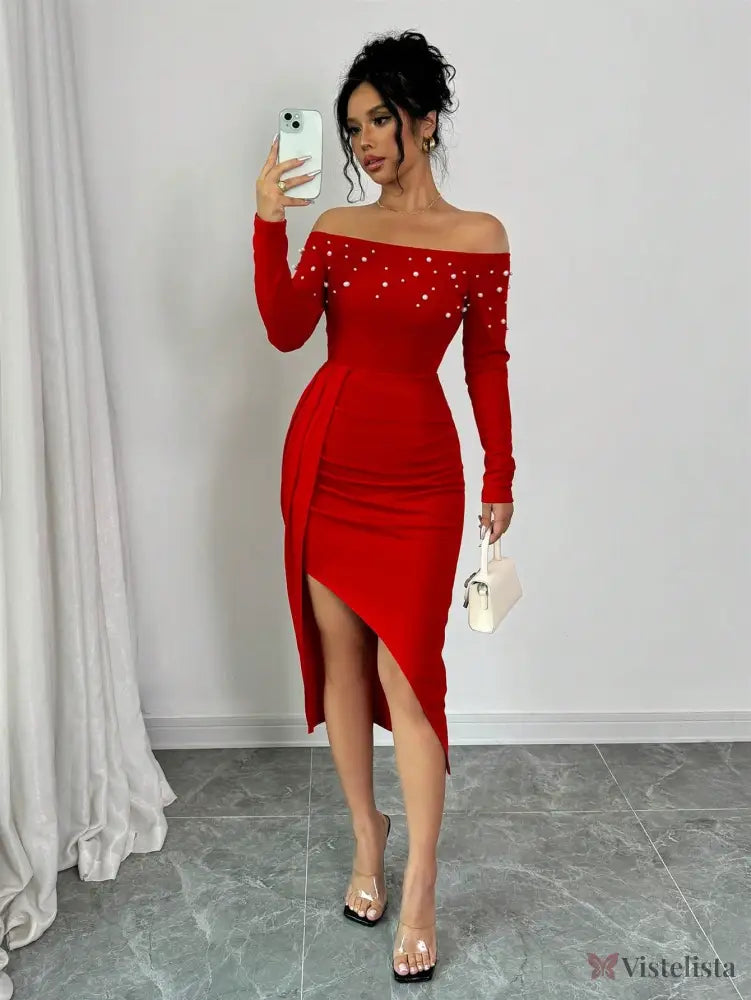 Vestido Midi Ombro A Ombro Com Pérolas E Fenda Elegante Vermelho / PP Vestido Midi Ombro A Ombro Com Pérolas E Fenda