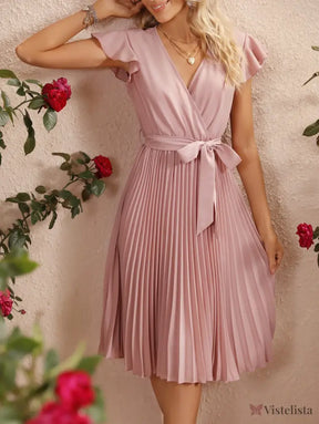 Vestido Midi Plissado Com Cinto E Decote V Vestido Midi Plissado Com Cinto E Decote V