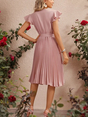 Vestido Midi Plissado Com Cinto E Decote V Vestido Midi Plissado Com Cinto E Decote V
