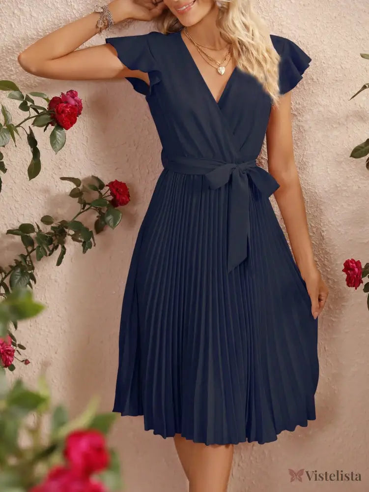 Vestido Midi Plissado Com Cinto E Decote V Vestido Midi Plissado Com Cinto E Decote V