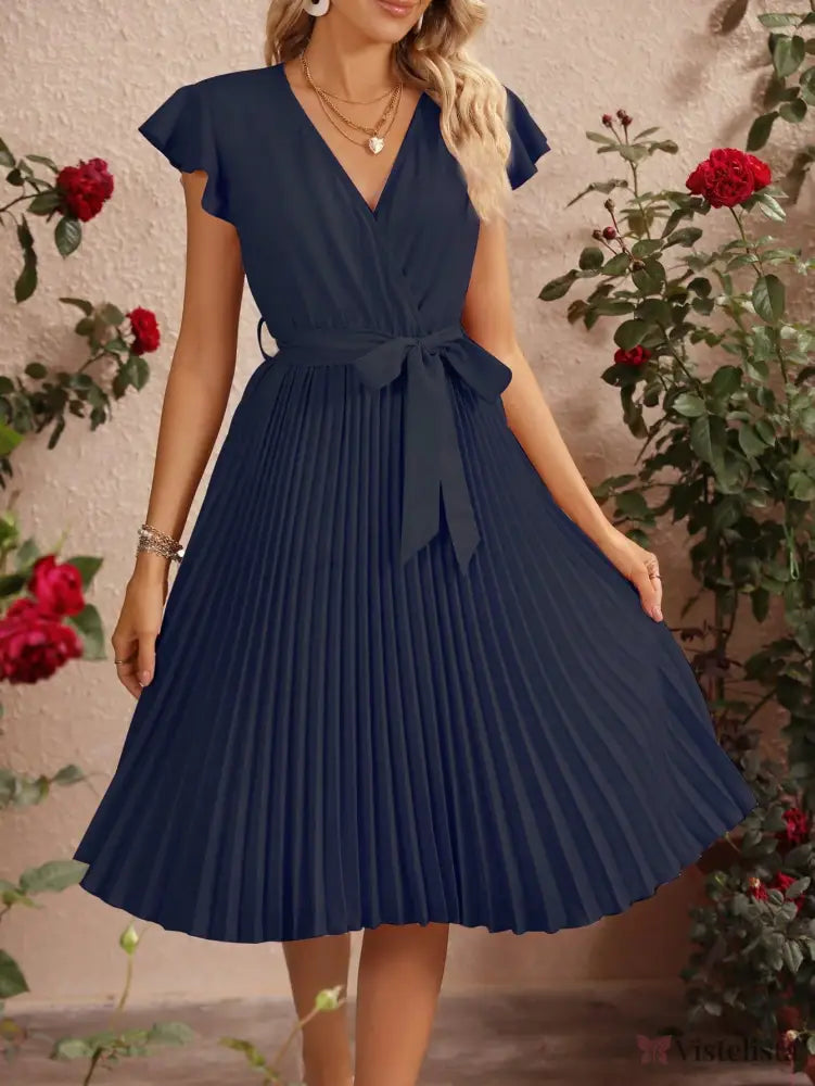 Vestido Midi Plissado Com Cinto E Decote V Azul-marinho / PP Vestido Midi Plissado Com Cinto E Decote V