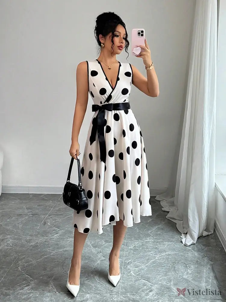 Vestido Midi Poá Decote V Com Cinto De Amarração Preto e Branco / PP Vestido Midi Poá Decote V Com Cinto De Amarração