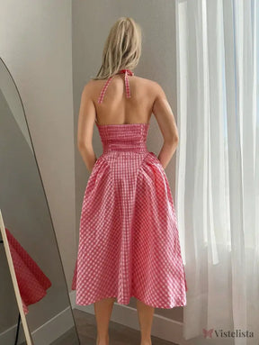 Vestido Midi Rodado Com Decote Halter E Estampa Vichy Vestido Midi Rodado Com Decote Halter E Estampa Vichy