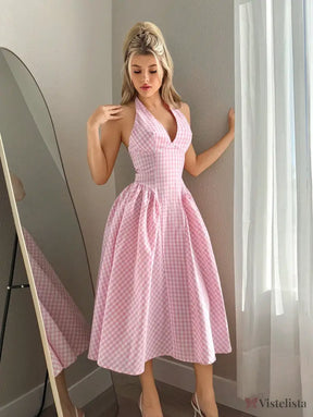 Vestido Midi Rodado Com Decote Halter E Estampa Vichy Vestido Midi Rodado Com Decote Halter E Estampa Vichy