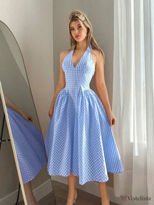 Vestido Midi Rodado Com Decote Halter E Estampa Vichy Azul Claro / PP Vestido Midi Rodado Com Decote Halter E Estampa
