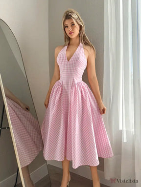 Vestido Midi Rodado Com Decote Halter E Estampa Vichy Rosa Bebê / PP Vestido Midi Rodado Com Decote Halter E Estampa