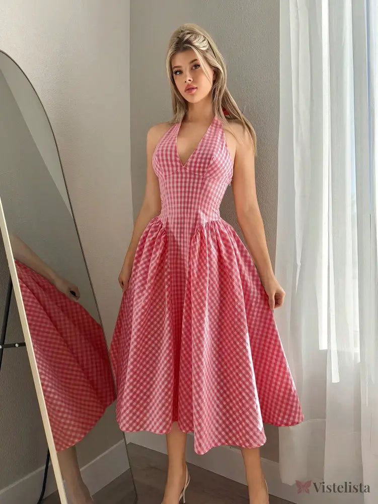 Vestido Midi Rodado Com Decote Halter E Estampa Vichy Vermelho / PP Vestido Midi Rodado Com Decote Halter E Estampa
