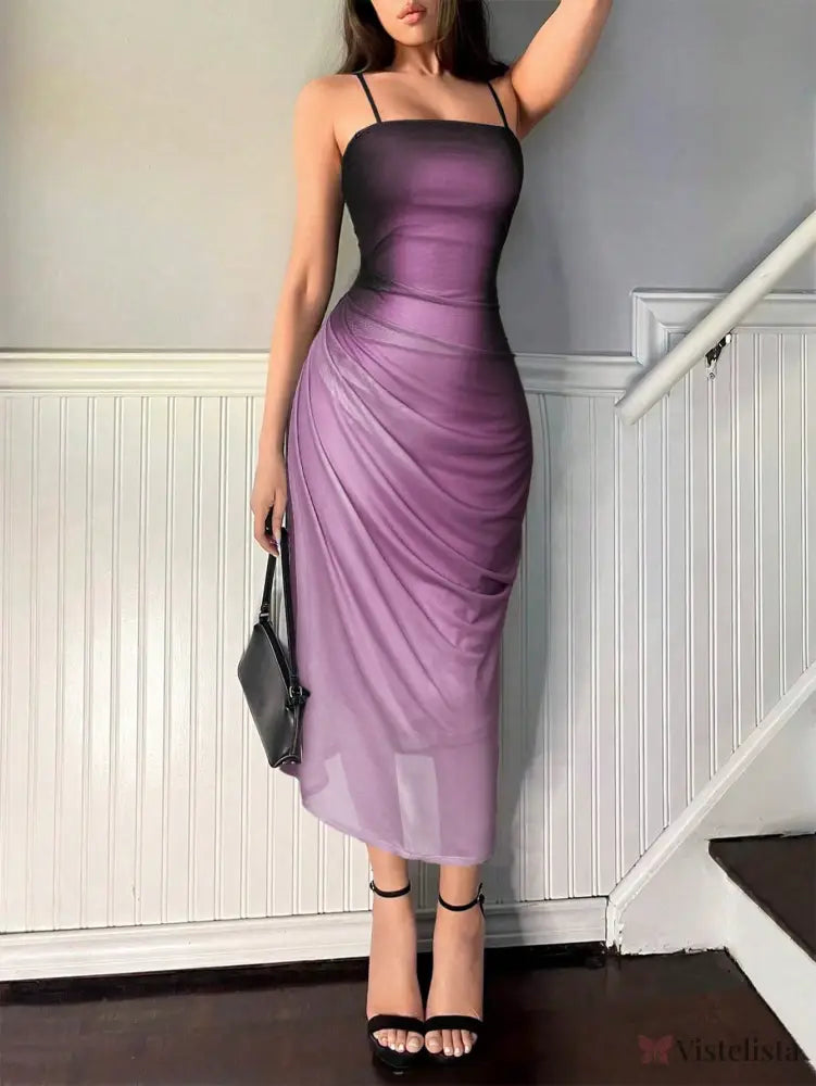 Vestido Midi Slip Dress Justo Draped Lateral Elegante Roxo / PP Vestido Midi Slip Dress Justo Draped Lateral Elegante