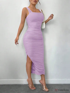 Vestido Midi Sofisticado Alças Largas Decote Reto Estruturado Vestido Midi Sofisticado Alças Largas Decote Reto
