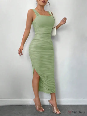 Vestido Midi Sofisticado Alças Largas Decote Reto Estruturado Vestido Midi Sofisticado Alças Largas Decote Reto