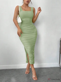 Vestido Midi Sofisticado Alças Largas Decote Reto Estruturado Verde Menta / PP Vestido Midi Sofisticado Alças Largas