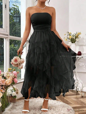 Vestido Midi Tomara Que Caia Com Saia De Camadas Tule Vestido Midi Tomara Que Caia Com Saia De Camadas Tule