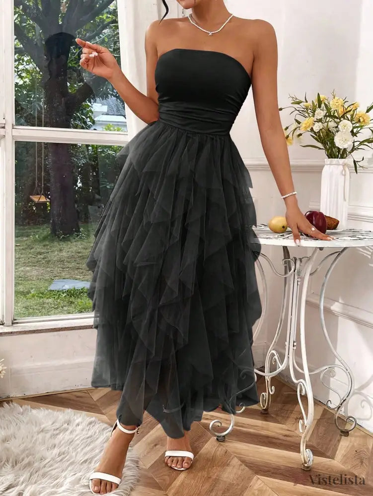 Vestido Midi Tomara Que Caia Com Saia De Camadas Tule Vestido Midi Tomara Que Caia Com Saia De Camadas Tule