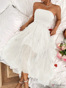 Vestido Midi Tomara Que Caia Com Saia De Camadas Tule Branco / PP Vestido Midi Tomara Que Caia Com Saia De Camadas Tule