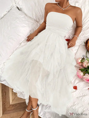 Vestido Midi Tomara Que Caia Com Saia De Camadas Tule Branco / PP Vestido Midi Tomara Que Caia Com Saia De Camadas Tule