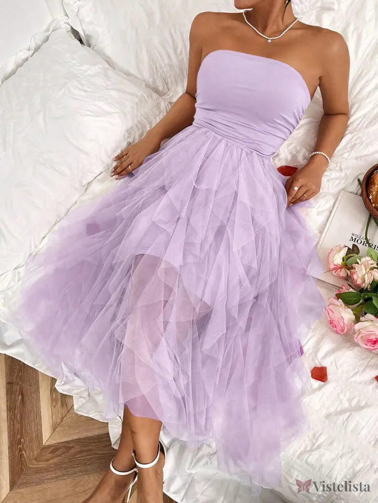 Vestido Midi Tomara Que Caia Com Saia De Camadas Tule Malva / PP Vestido Midi Tomara Que Caia Com Saia De Camadas Tule