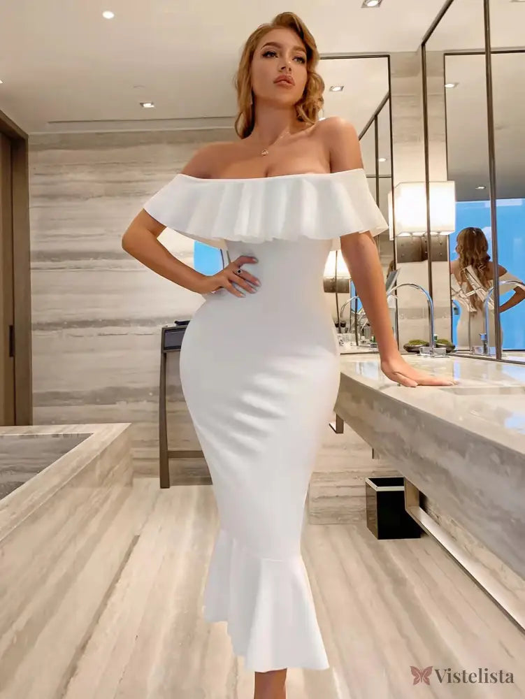 Vestido Midi Tomara Que Caia Justo Com Babado Elegante Branco / PP Vestido Midi Tomara Que Caia Justo Com Babado